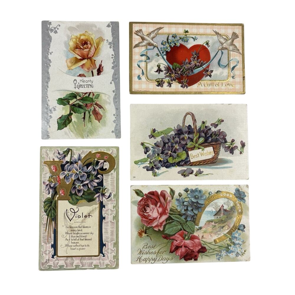 Antique Postcards Flowers Nature Lot of 5 Early 1900s Embossed Gilt Gold Silver